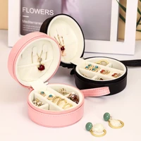 simple and creative round zipper jewelry storage box portable pu leather earrings ring box macaron jewelry box