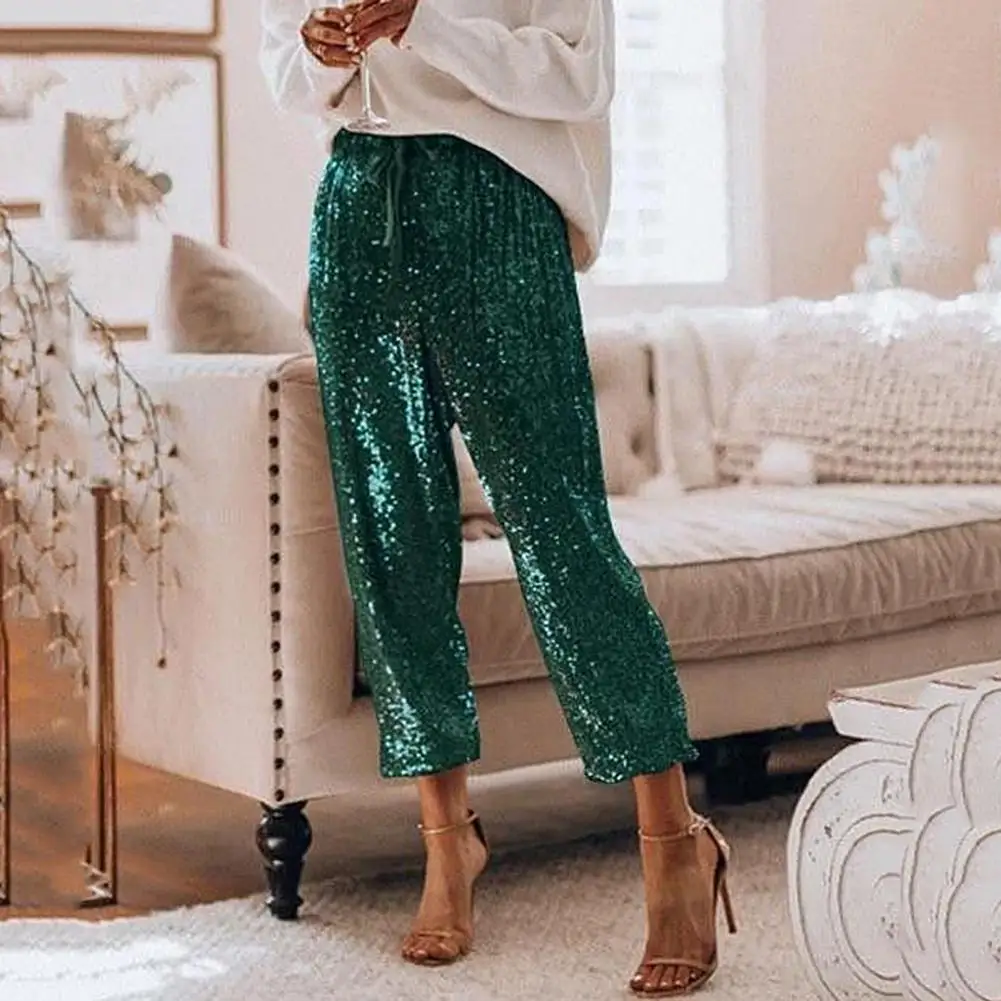 

50% New Arrival Women Fashion High Waist Drawstring Shiny Sequins Loose Trousers Party Pants