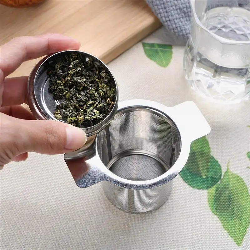 

Чай заварки с крышкой Нержавеющая сталь Кофе травы сетчатый фильтр двойная ручка с отрывными листами Чай ситечко