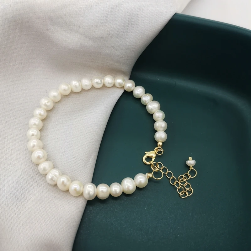 

6mm Round Natural Freshwater Pearls Bracelet Beaded 14K Gold Filled Adjustable Chain White Pearl Delicate Boho Pulsera Mujer