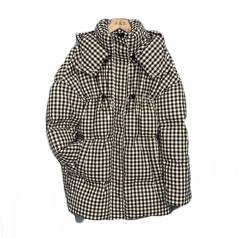 Winter 2021 New Black White Plaid Down Coat Women's Mid-Length Loose Thick Ehite Duck Down Jacket Fashion Drawstring Tide s1244