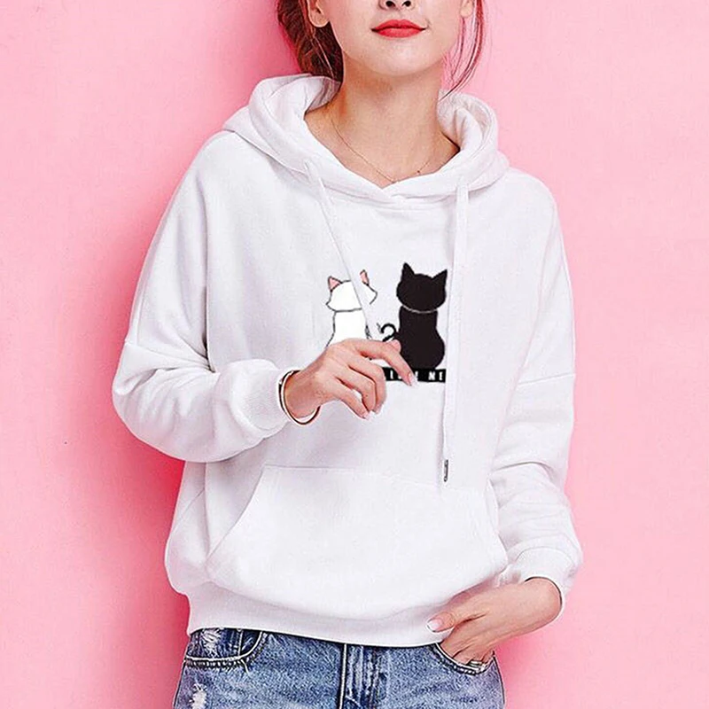 

Kawaii Hoodies Cartoons Cat Print Solid Hooded Top Women Sweatshirt Long-sleeved Student Autumn Casual Hooded Streetwearr New