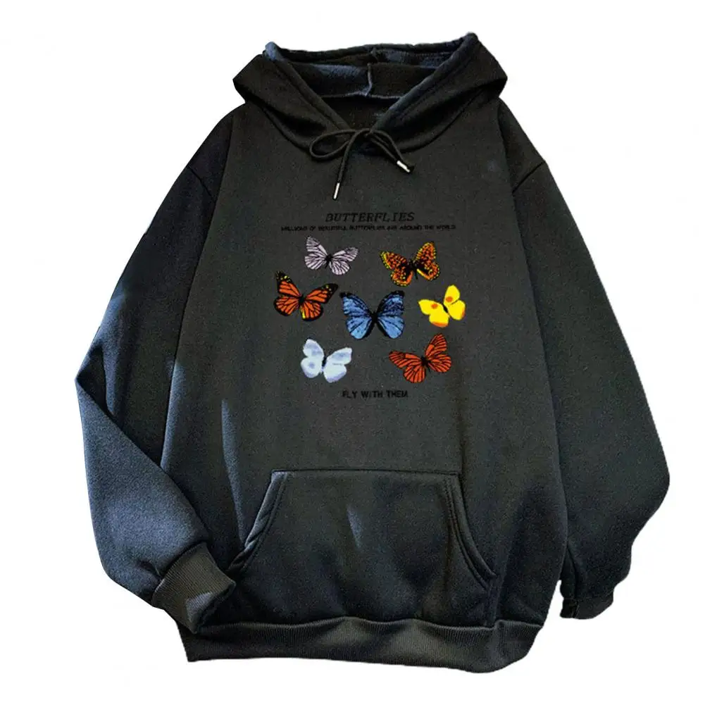 Unisex Butterflies Pattern Front Pocket Sweatshirt Cotton Blend Long Sleeve Winter Hooded Pullover for Men Women Spring Autumn