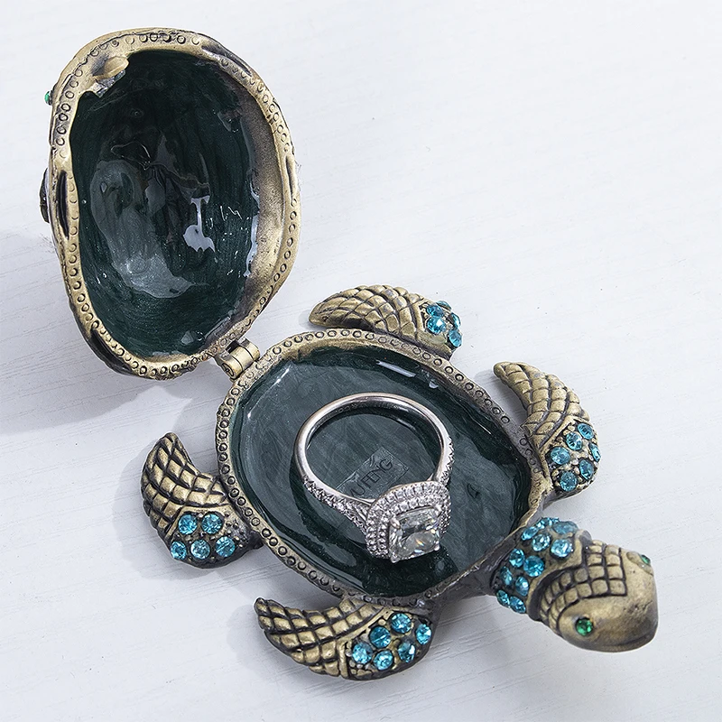 H&D ручная роспись Bejeweled Статуэтка черепаха Ювелирная коробка шарнирный металлический брелок-коробка животное коллекционное кольцо держатель Свадебный декор