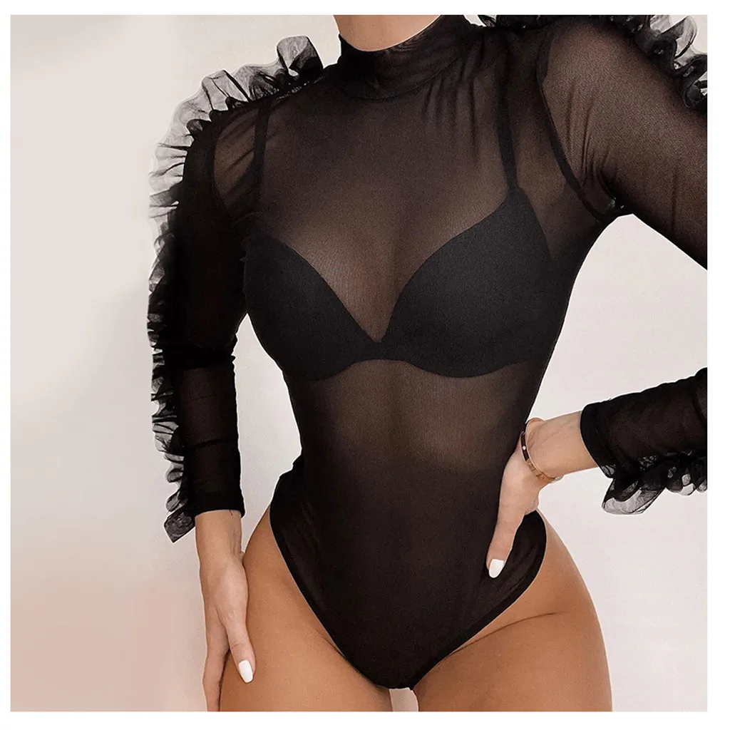 Модный женский комбинезон с воротником хомутом и рукавами рюшами сексуальный