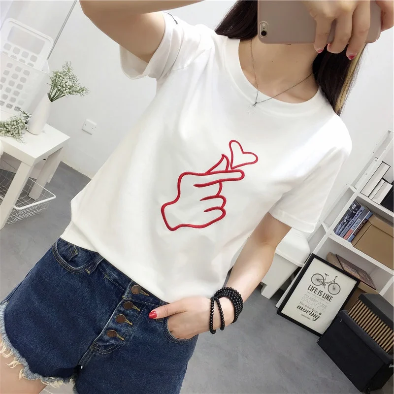 Женская футболка с вышивкой белая Повседневная принтом в виде сердца лето 2020 |