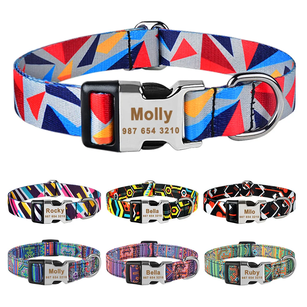 

Colorfast Adjustable Fancy Engraved Custom Dog Collar Regulable Nylon Engraved Dog Collar Small Large Unisex Cat Pet Dog Collar