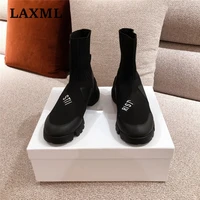 2021 new color matching women shoes reflective letters mid heel short boots knitted stretch cloth overshoes fashion socks boots