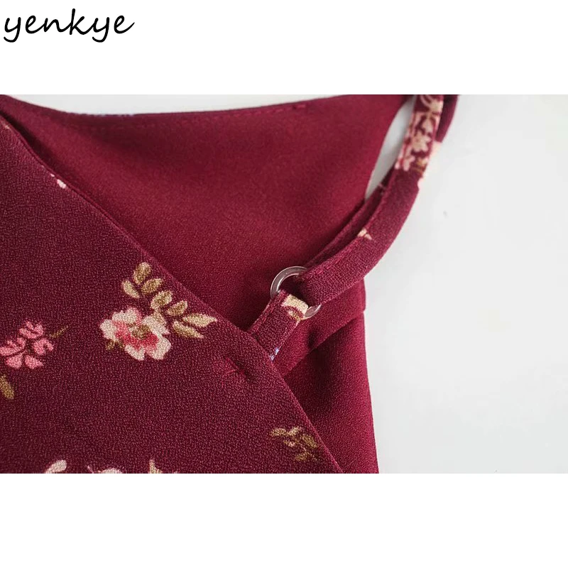 

YENKYE Sexy Sling Summer Dress Women Sleeveless V Neck Floral Print Dress Female Hem Slits A-line Mini Holiday Beach Vestido