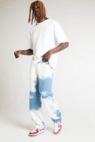 mens jeans loose grind white water wash straight trousers sky pattern tie dye jeans trousers white jeans blue
