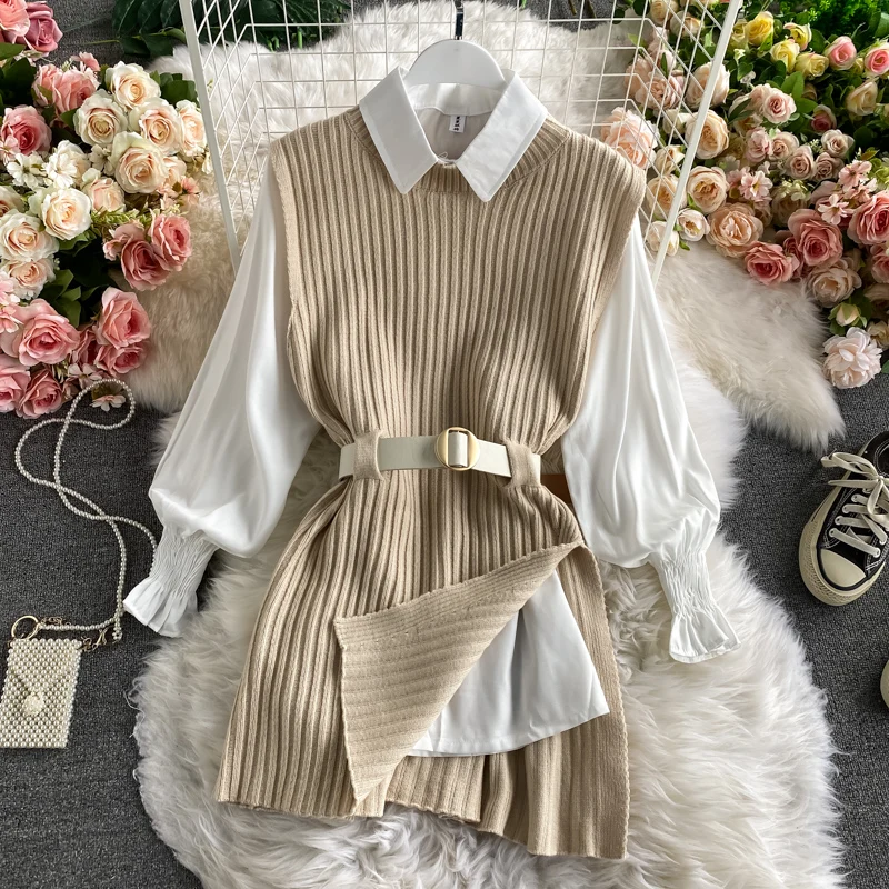 

2021 spring autumn women's lantern sleeve shirt knitted vest two piece sets of College style waistband vest two sets top UK900