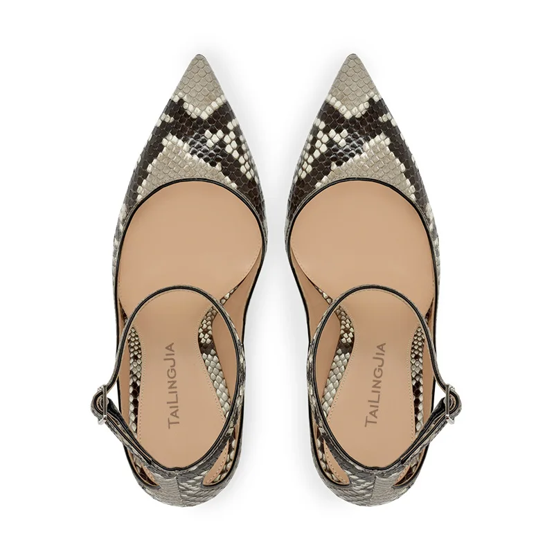Туфли женские на шпильке заостренный носок серый Принт змеиная кожа пряжка