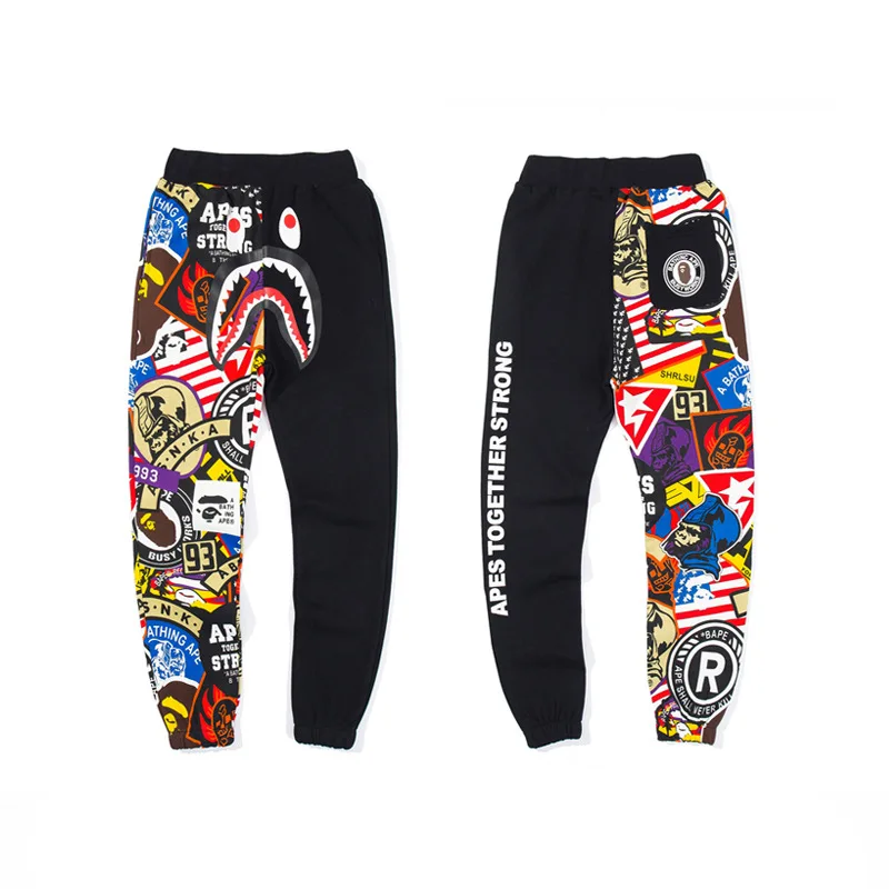 

Shark head color graffiti stitching guard pants men and women couple personality trend hip-hop casual pants