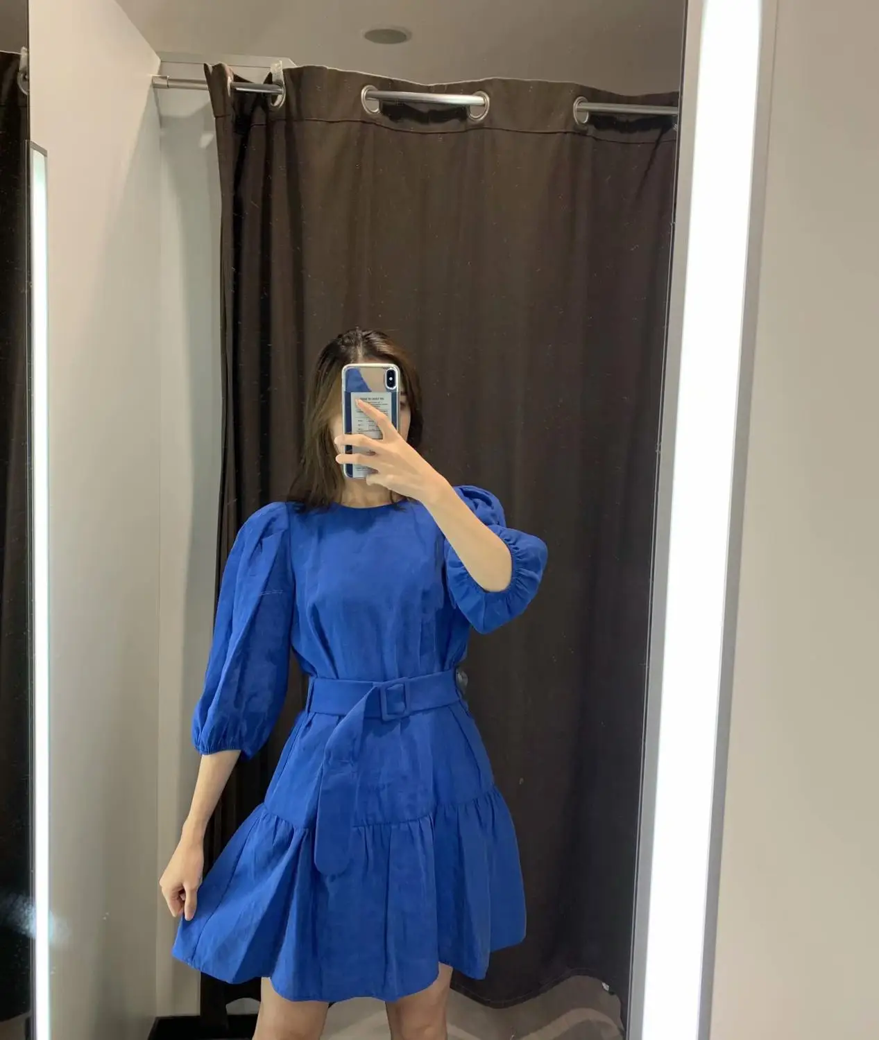 Осеннее женское модное мини платье с круглым воротником и рукавами фонариками