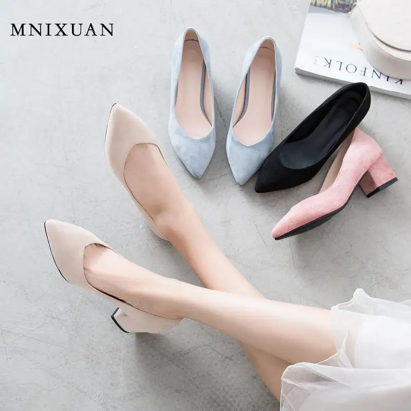 

Туфли-лодочки MNIXUAN женские на высоком толстом каблуке, заостренный носок, замша, без застежки, офисная обувь, синие, большие размеры 42, 2020