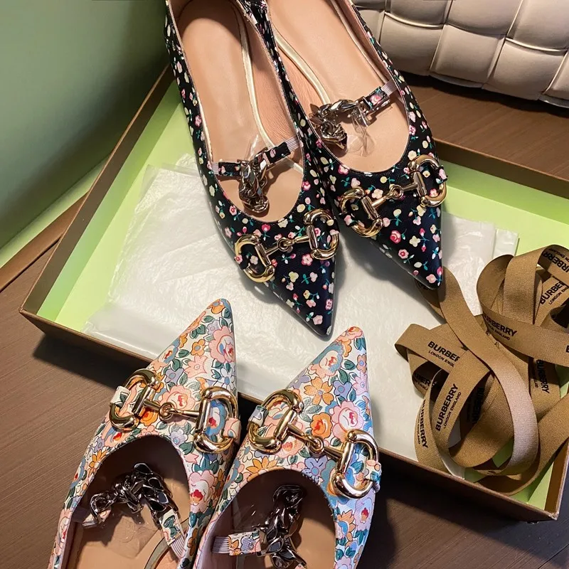 

Luxury Designer Shoes Women Flats New Arrival 2021 Spring Handmade Flower Print Genuine Leather Pointed Toe Chain Mary Jane Shoe