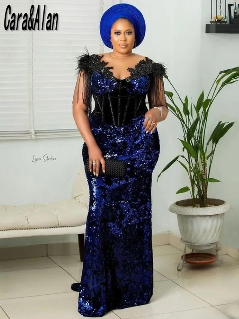 

Formal Blue and Black Plus Size Evening Dresses For Women Party Sequin Aso Ebi Mermaid Prom Gowns Lace Applique abiye
