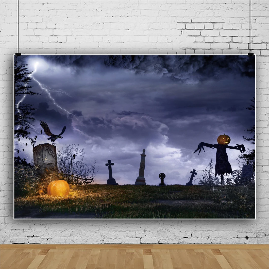 

Laeacco Halloween Festival Pumpkin Lantern Horrible Lightning Night Scene Forest Banner Photo Background Photographic Backdrops