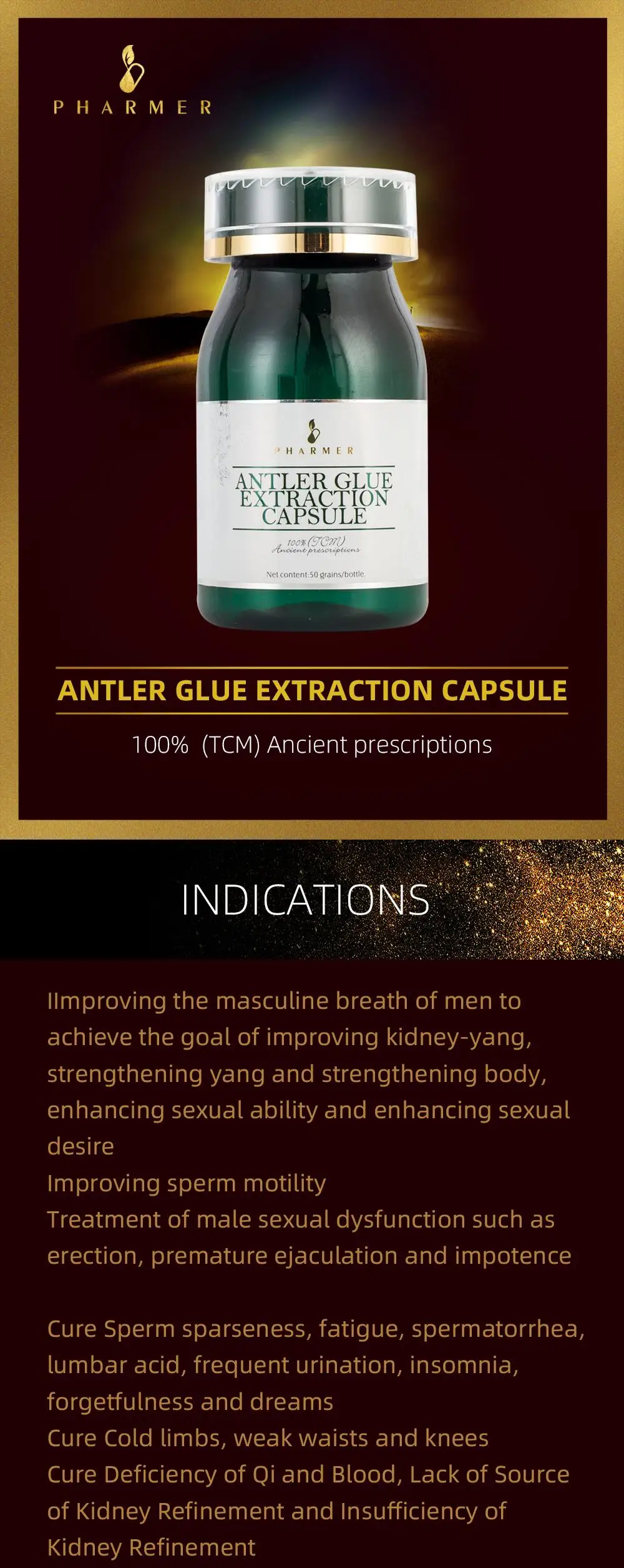Капсулы для экстракции клея Pharmer Antler, лечение мужской сексуальной дисфункции эрекция, преждевременная эякуляция и имсилию 50 шт