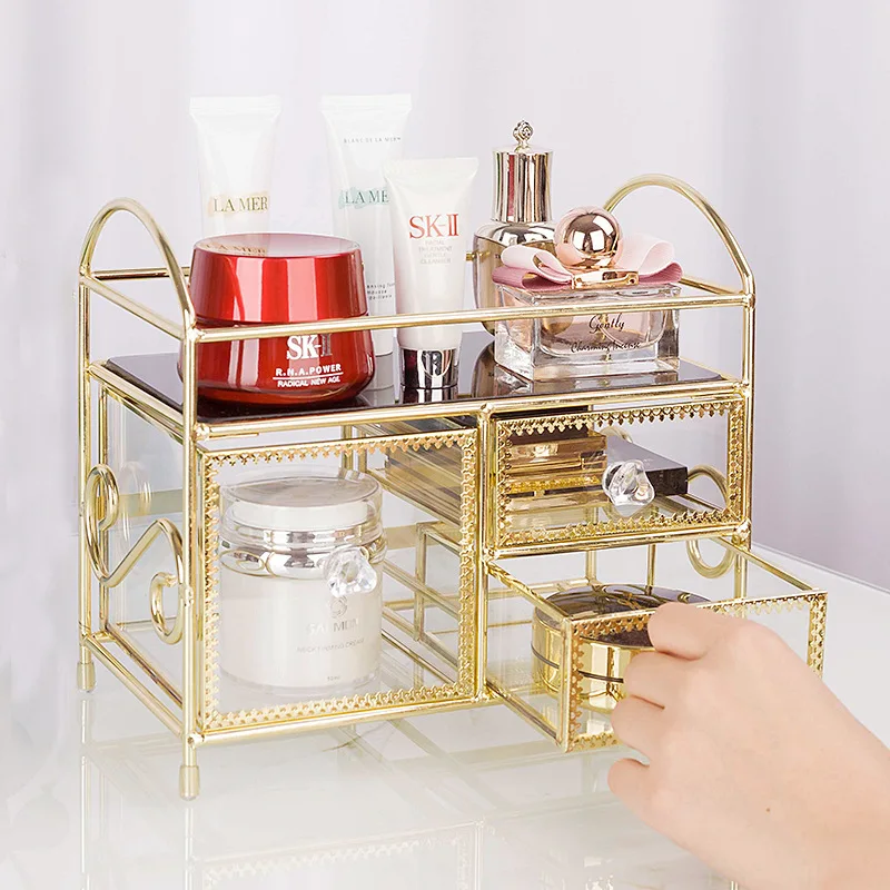 Золотистый органайзер для макияжа двухслойная шкатулка ювелирных изделий