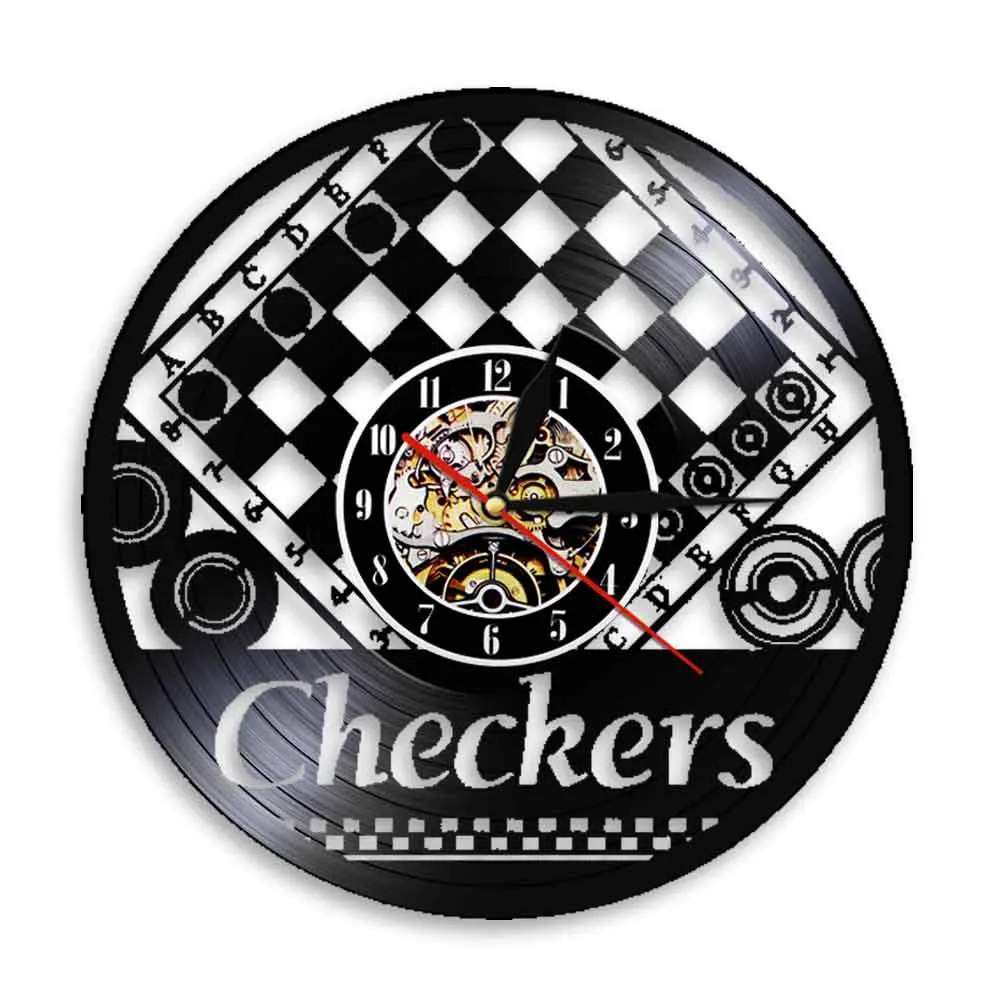 Checkers Wall Clock Made Of Real Vinyl Record Chess Board Parlor Game Morden Design Chessman Stickers Watch Chess Player Gift