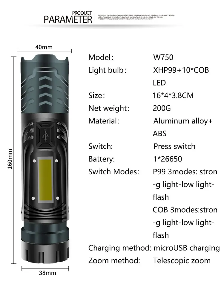 Яркий светодиодный фонарик XHP99 + COB с молотком для окон самообороны