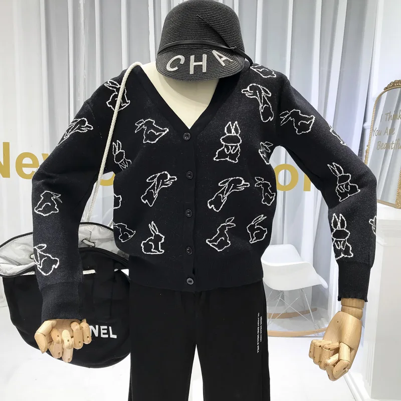 Женский тонкий вязаный кардиган ALPHALMODA с милым рисунком кролика модные вязаные