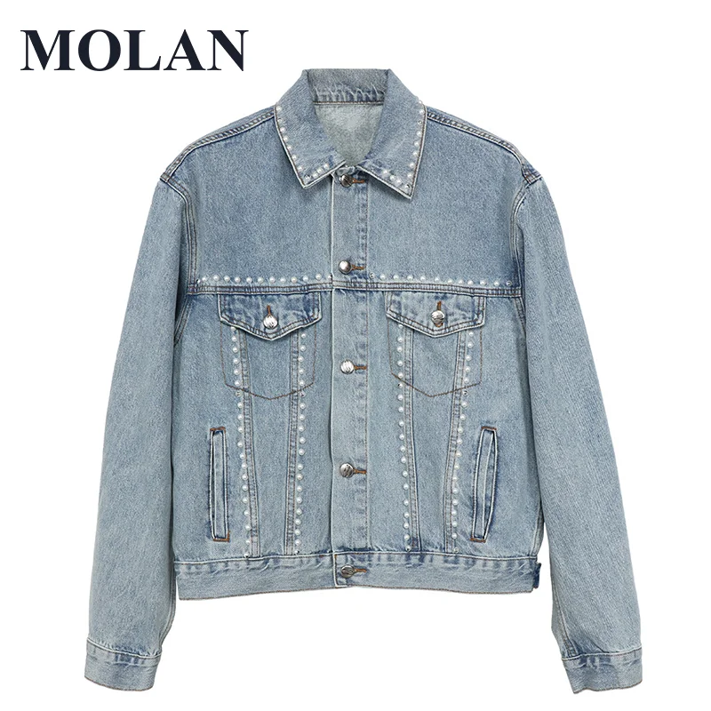 

Женская джинсовая куртка MOLAN, Свободный Топ с длинным рукавом, потертый бисером, на весну и осень