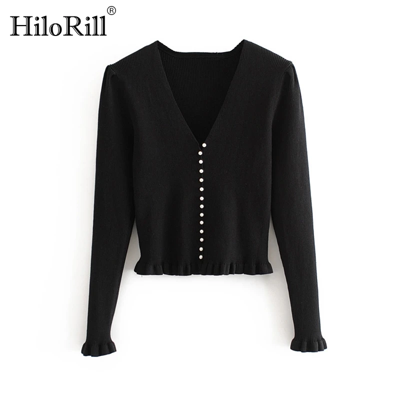 

HiloRill, сплошная шикарная трикотажная кофта для женщин, 2020, v-образный вырез, длинный рукав, повседневный черный топ с оборками на пуговицах, же...