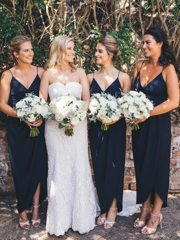 Vestido Madrinha Navy Blue Bridesmaid Dresses 2020 Spaghetti Strap V-neck Sheath High LowWedding Guest Dress | Свадьбы и торжества