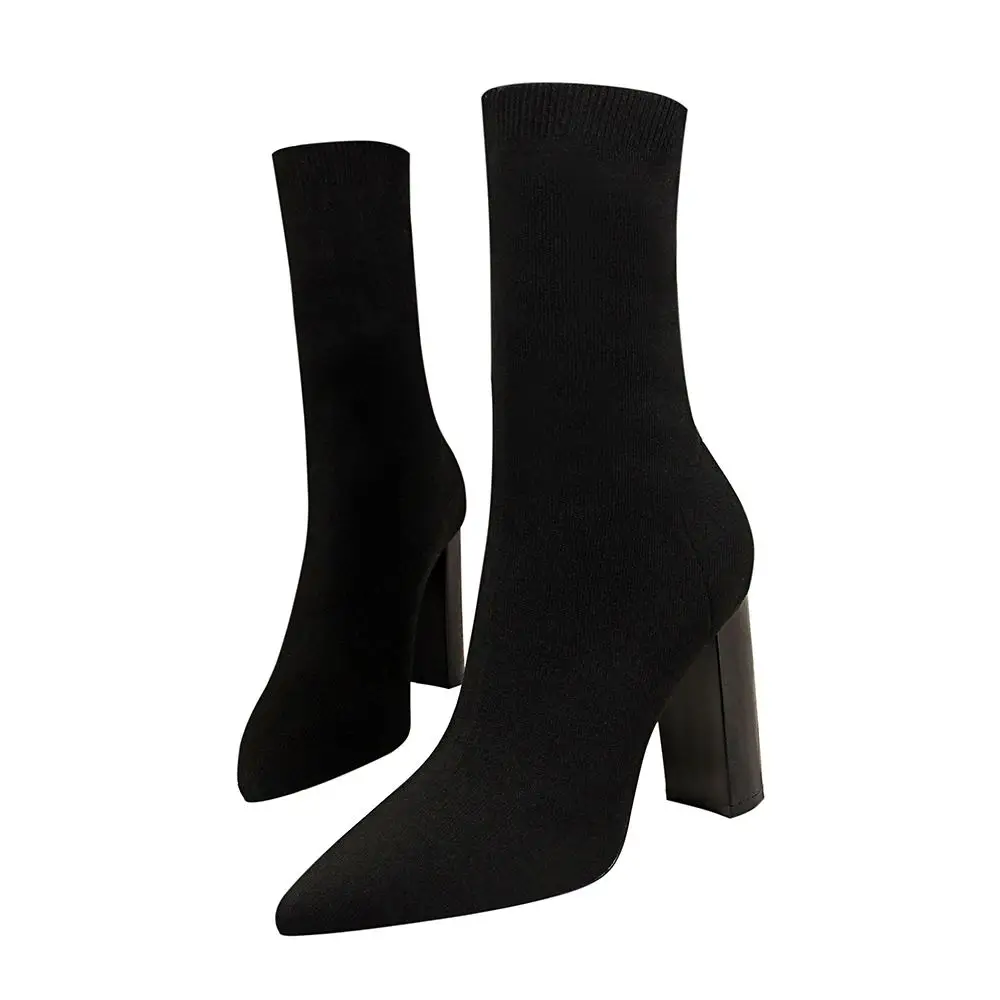 EOEODOIT/эластичные ботинки на высоком квадратном серебристом каблуке 10 см; сезон весна-осень; женские пикантные носки с острым носком; туфли-лодочки с блестками - Цвет: Черный