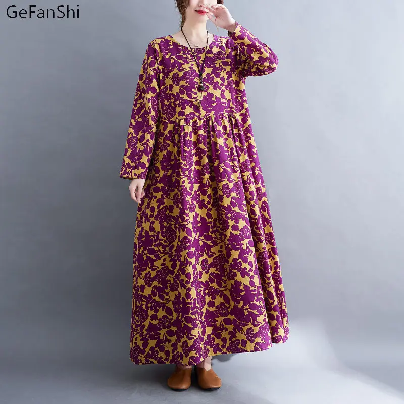 

Spring Autumn Vintage Floral Print O-Neck Cotton Linen Women Maxi Dress Casual Loose Ladies Long Dresses Robe Fashion Clothing