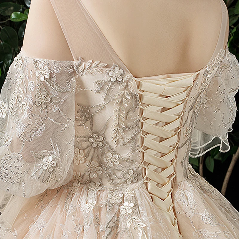 

Wedding Dress O-Neck Off the Shoulder Three Quarter Flare Sleeves Simple Bling Luxurious Lace up Long Women Bride Dresses B052