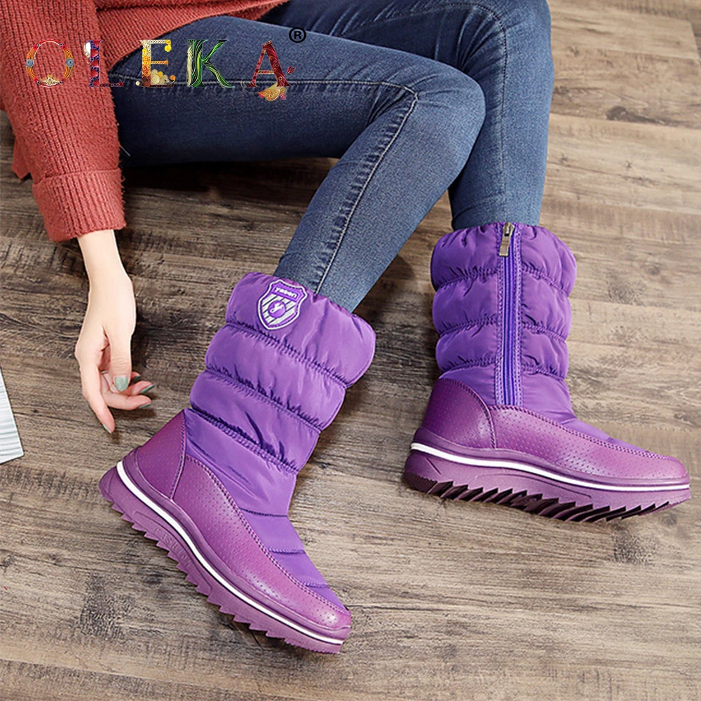 Женские зимние сапоги до колена OKEKA черные плиссированные на платформе с круглым