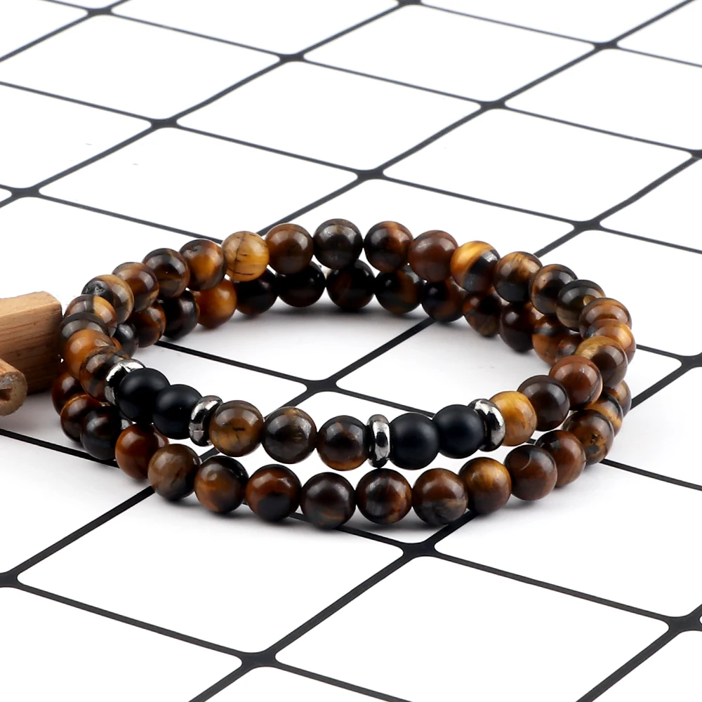 

2Pcs/Set 6MM Natural Stone Bracelet Handmade Black Line Lave Tiger Eye Stone Beads Bangles Yoga Jewelry Gift Couples Pulsera New