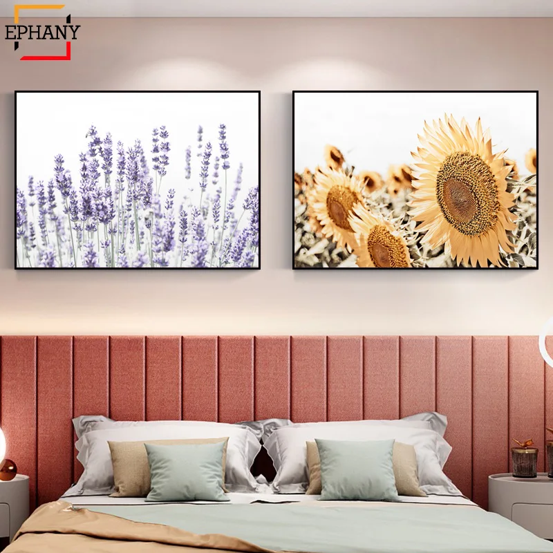 Настенный постер с розовыми маками и лавандовыми цветами скандинавский