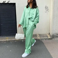 msfancy green pant suits women 2021 long sleeve oversized blouse elastic waist wide leg pants pajamas female 2 piece set