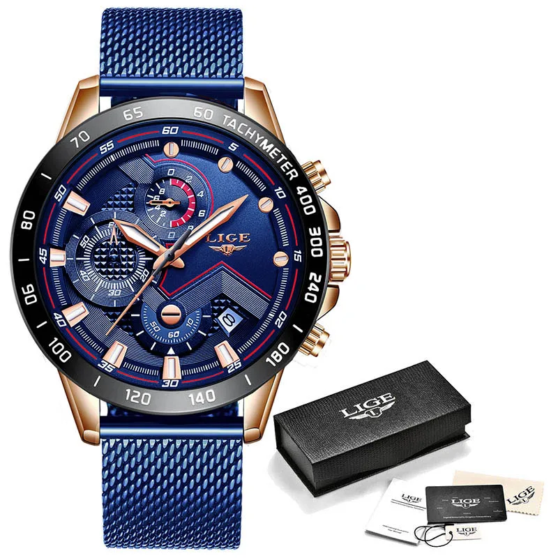 Rose gold blue LIGE новые часы мужские водонепроницаемые часы с ремешком из нержавеющей стали Кварцевые наручные часы военные часы с хронографом мужские модные спортивные часы - Цвет: Rose gold blue