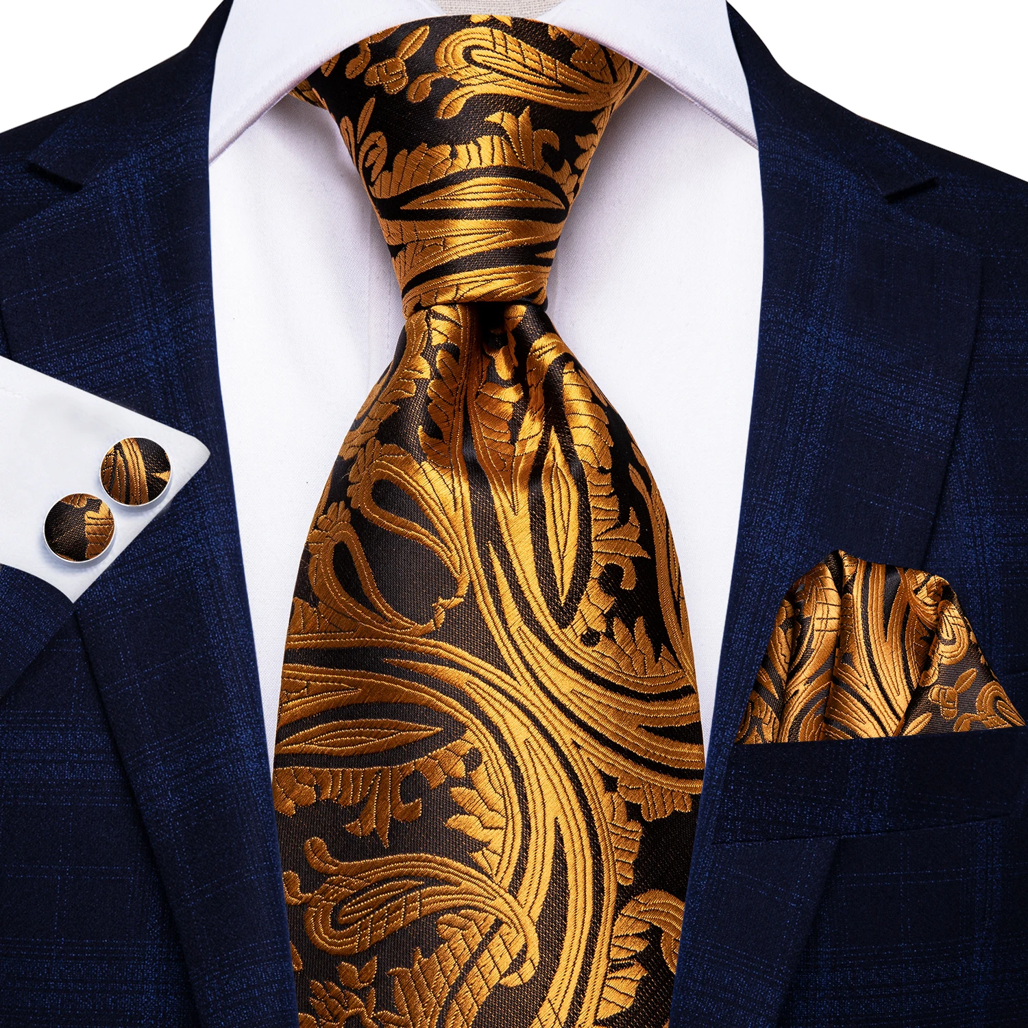 Hi-Tie Luxury Men's Tie Set Gold Navy Purple Paisley 100% Silk Necktie 8.5cm Ties For Men Handkerchief Cufflinks Wedding | Аксессуары