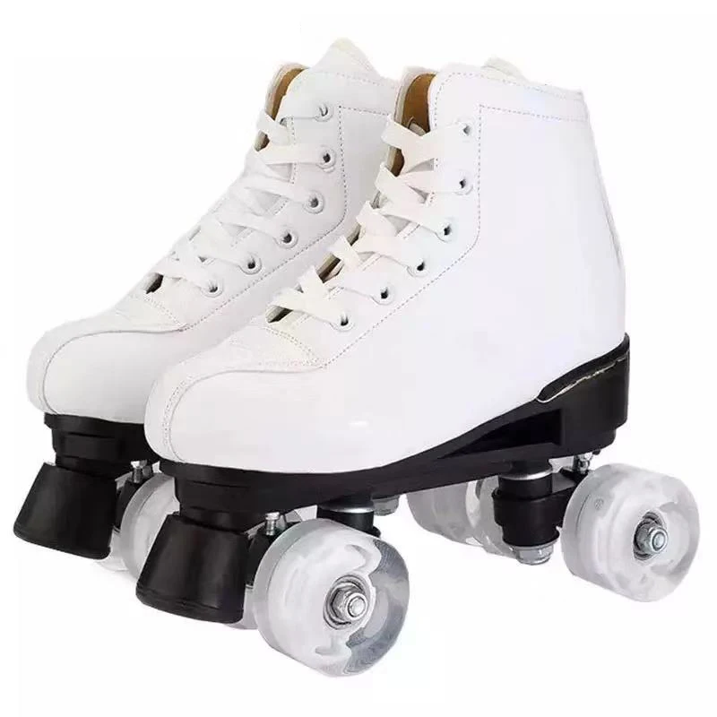 

Woman White Leather Roller Skates Double Line Skates Men Adult Two Line Skate Shoes Patines With PU 4 led Wheels Patins