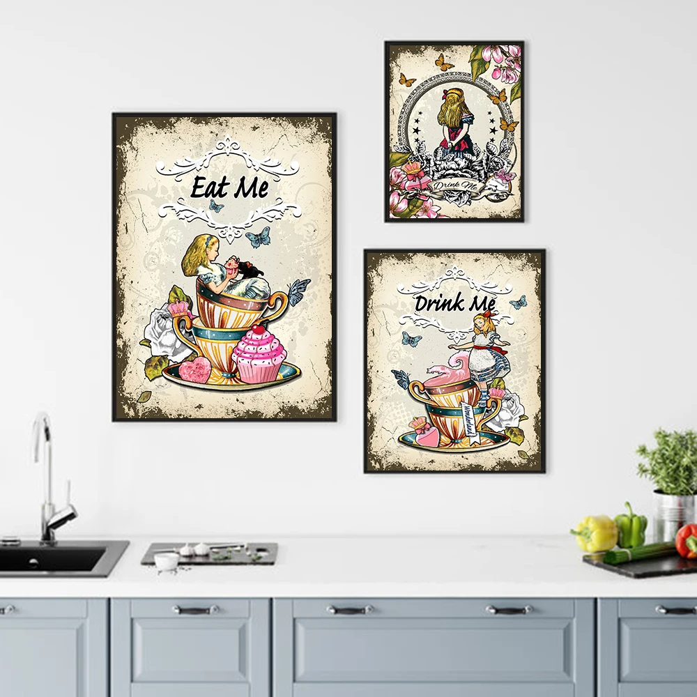 

Vintage Painting Girl Poster Classic Style Funny Alice In Wonderland Eat Drink Me Quote Canvas Poster Room Home Decor No Frame