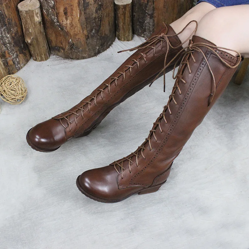 

YourSeason New 2021 Winter Genuine Leather Ladies Long Boots Round Toe Handmade Leisure Platform Zip Cross Tied Shoes Female