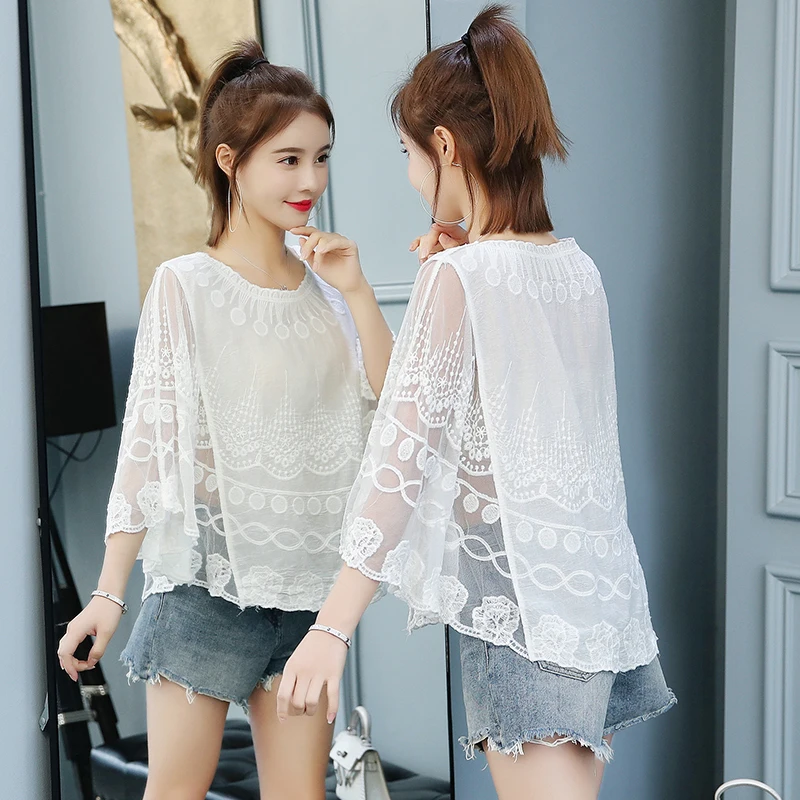 

Women Tops and Blouses Three Quarter Shirts White Blouse Women Lace Shirt Sunscreen Shirt Women Shirts Outside Blouse 4015 50
