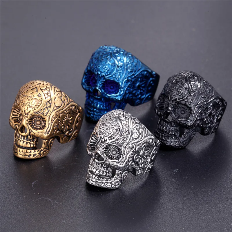 

Classic Garden Flower Skull Ring For Man Stainless Steel Man's Punk Style Jewelry