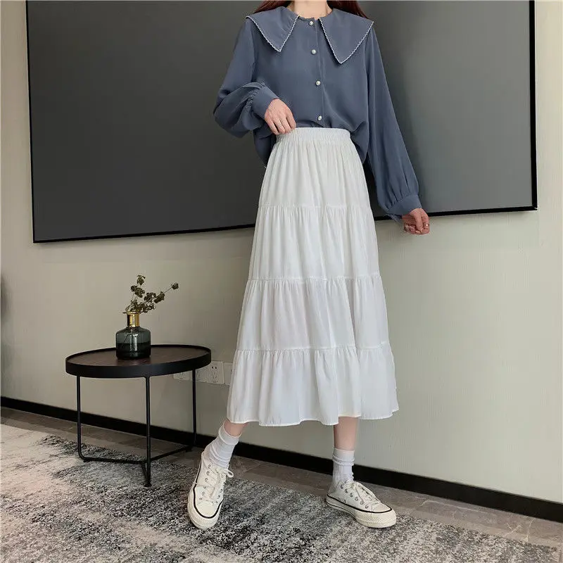 

HOUZHOU High Waist Loose Black White Midi Skirts Long Cake A-line Skirt for Student Korean Fashion Spring Summer Women Clothing