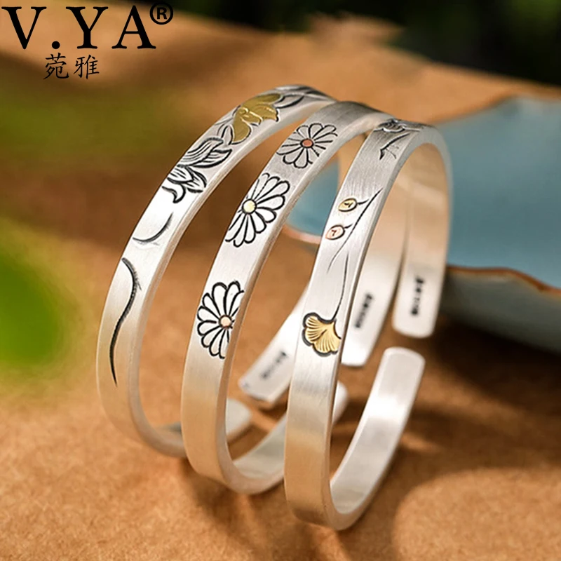 

V.YA 999 Pure Silver Adjustable Bracelet Matte Daisy Lotus Ginkgo Leaf Open Bracelet Bangle for Women Wedding Fine Gifts Jewelry