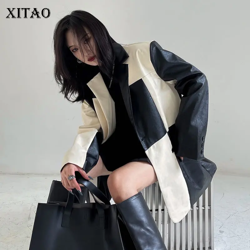 

XITAO Женский блейзер контрастного цвета, Модный Топ из искусственной кожи, новинка 2021, весна-осень, уличная одежда, универсальная, GWJ0671
