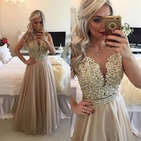 chiffon beaded lace applique long prom dress sheer back sleeveless formal gown o neck floor length evening dresses