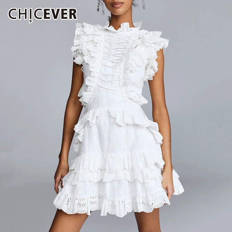 CHICEVER Hollow Out Lace Ruffle Dresses Women O Neck Sleeveless High Waist A Line Mini Dress Female 2020 Korean Fashion New | Женская