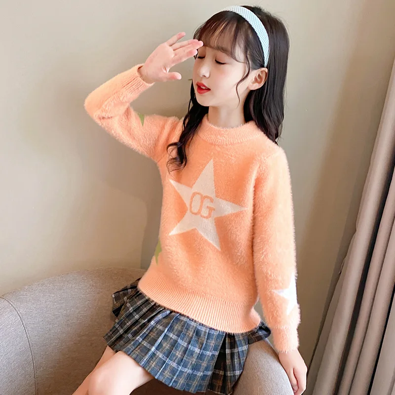 

Свитер для девочек, детская верхняя одежда, топы, флисовая утепленная теплая осенне-зимняя вязаная Гибкая детская одежда со звездами 2021